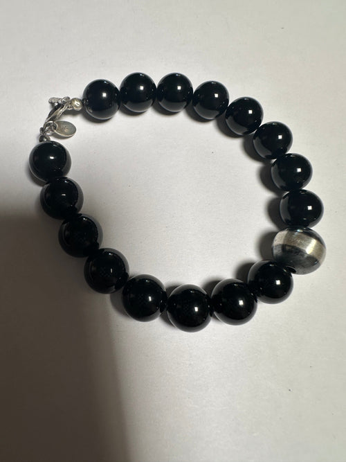 Handcrafted 8mm Sterling Silver Pearl & Black Onyx Beaded Bracelet