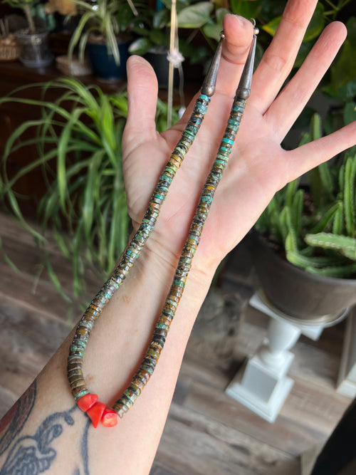 Navajo Hubei Turquoise Beaded Necklace with Sterling Silver and Bamboo Coral by Kirby Smith: 13 To Choose From!