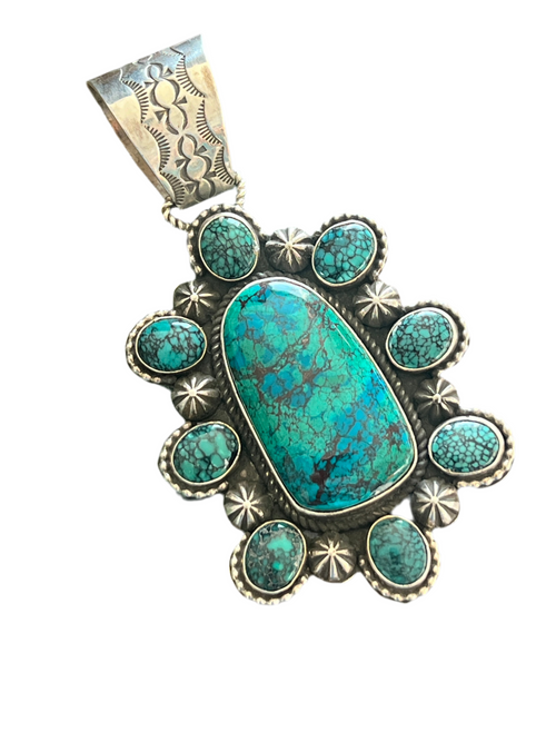 Apache Made Sterling Silver, Hubei Turquoise & Chrysocolla Cluster Pendant by Rosella Paxson