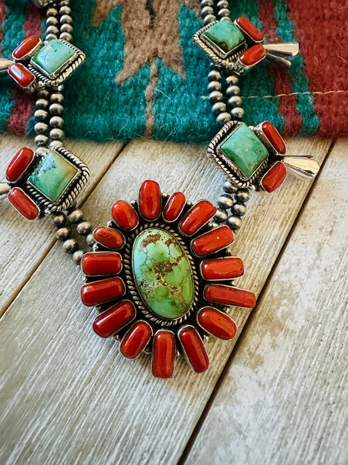 ** Christmas Collection ** Handmade Sterling Silver, Turquoise & Coral Necklace Signed Nizhoni