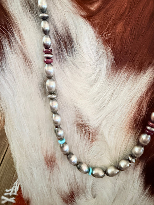 Handcrafted Turquoise, Spiny & Sterling Silver 20” Beaded Necklace