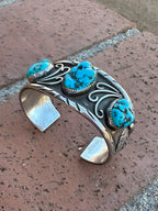 Estate Collection Old Pawn Navajo Sterling Silver & Natural Kingman 3 Stone Turquoise Cuff Bracelet /
