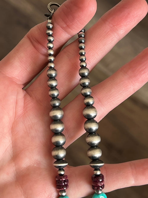 Navajo Made Electric Rainbow Sterling Silver, Turquoise and Spiny Oyster Single Strand Beaded Necklace by Rose Martin, 20 + 2 Inches