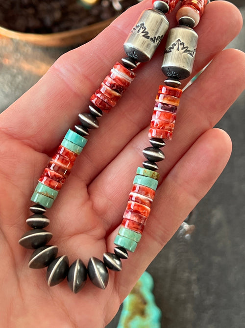 Navajo Electric Rainbow Sterling Silver, Turquoise and Spiny Oyster Single Strand Beaded Necklace by Rose Martin, 26 + 2 Inches