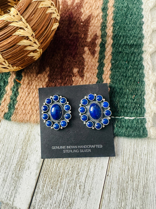 Handcrafted Old Pawn Lapis and Sterling Silver Cluster Clip On Earrings
