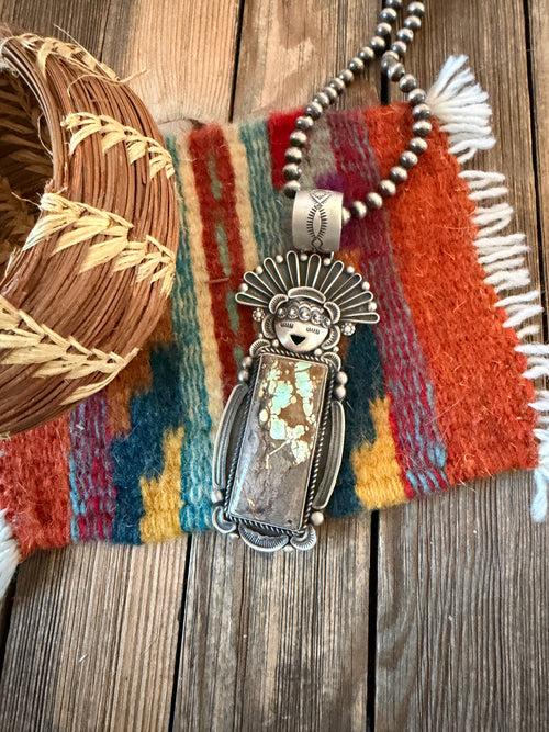 Handcrafted Sterling Silver and Number 8 Turquoise Kachina Pendant by Ronald Tom