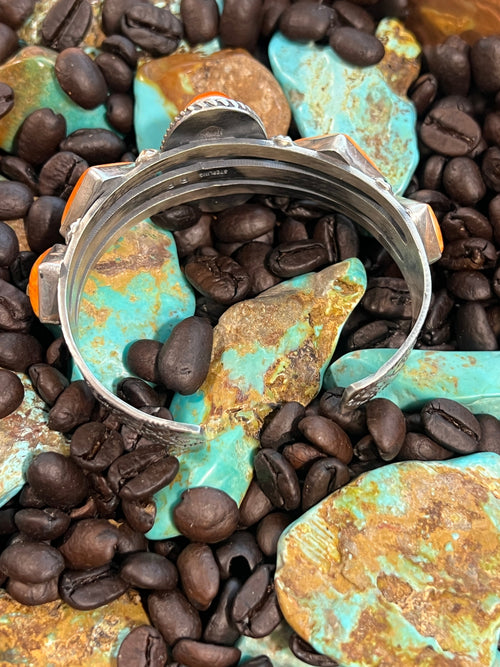 Handcrafted Sterling Silver and Orange Spiny Oyster Shell Geometric Row Cuff by Rosella Paxson