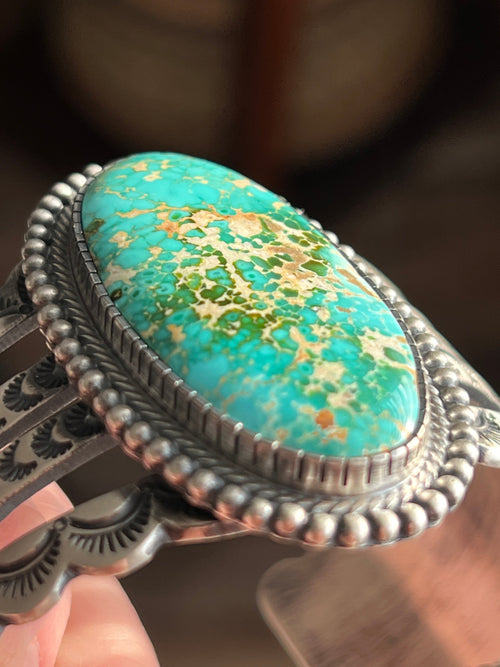 Handcrafted and Hand Stamped Sterling Silver and Royston Turquoise Cuff Bracelet by Diane Wylie