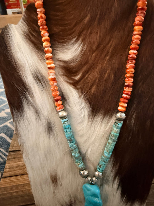Handcrafted Spiny Oyster, Turquoise & Sterling Silver Beaded Lariat Necklace