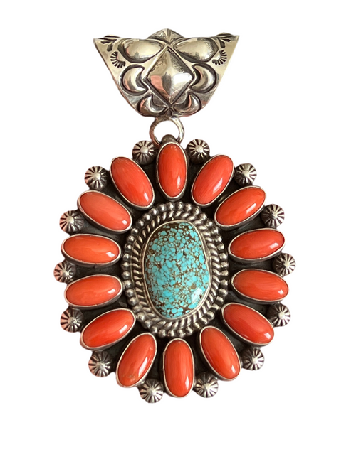 Navajo Sterling Silver, Mediterranean Coral and Spiderweb Turquoise Pendant by Tyler Brown