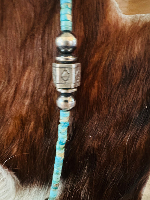 Navajo Turquoise & Hand Stamped Sterling Silver Pearl Beaded Necklace