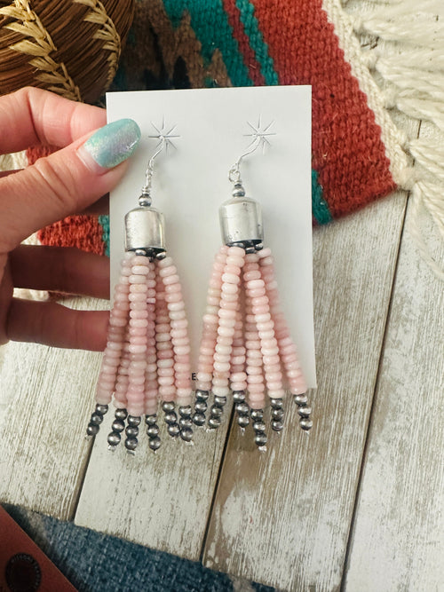 Navajo Queen Pink Conch & Sterling Silver Pearl Beaded Tassel Dangle Earrings