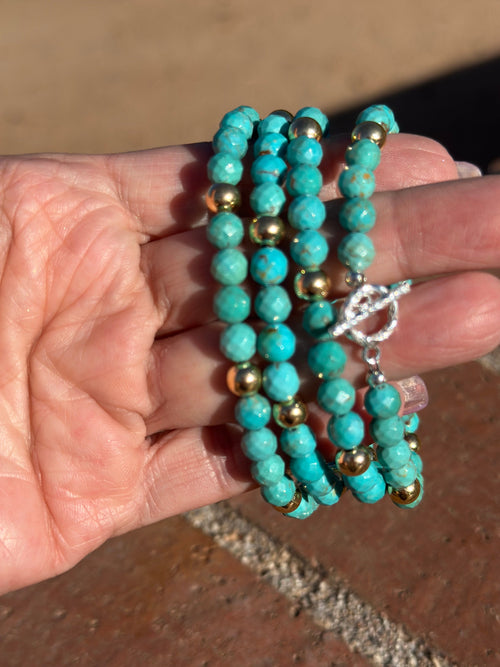 Handcrafted Sterling Silver with 14kt Gold Overlay Kingman Turquoise Beaded Bracelet