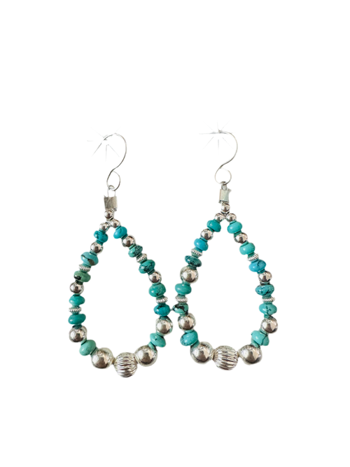 Navajo Turquoise & Sterling Silver Pearl Beaded Hoop Earrings