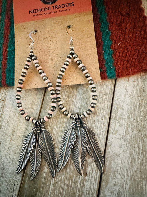 Queen Pink Conch & Sterling Silver Pearl Feather Beaded Hoop Earrings