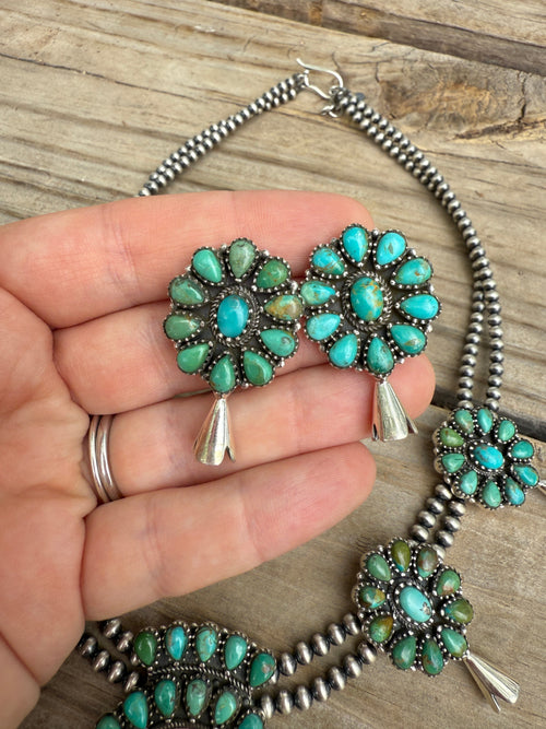 Handmade Beaded Sterling Silver Kingman Turquoise Squash Blossom Necklace Set