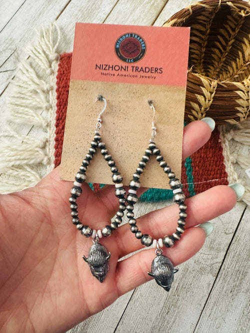 Handcrafted Queen Pink Conch & Sterling Silver Pearl Bullhead Beaded Hoop Earrings