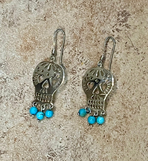 Sugar Skull with 3 Turquoise Beads Sterling Silver Earrings
