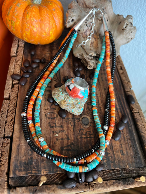 Daniel Coriz Triple Strand Spiny Oyster, Onyx and Turquoise Beaded Necklace w/ Removable Sterling Silver & Stone Inlay Bead