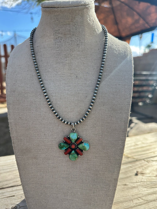Beautiful Handmade Sterling Silver, Coral & Sonoran Turquoise Beaded Necklace
