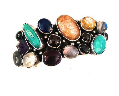 Navajo Old Pawn Vintage Multi Stone & Sterling Silver Cuff Bracelet