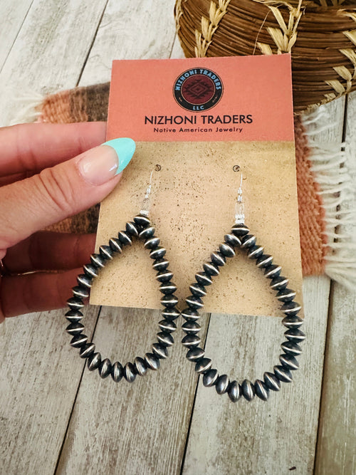 Navajo Sterling Silver Pearl Beaded Dangle Hoop Earrings