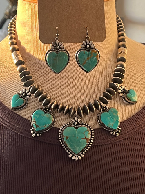 Navajo Sterling Silver and Kingman Turquoise Heart Charm Necklace and Earrings Set by Murphy Platero & Rose Martin