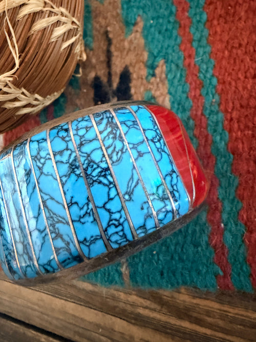 Handcrafted Old Pawn Sterling Silver, Turquoise & Spiny Oyster Inlay Cuff Bracelet