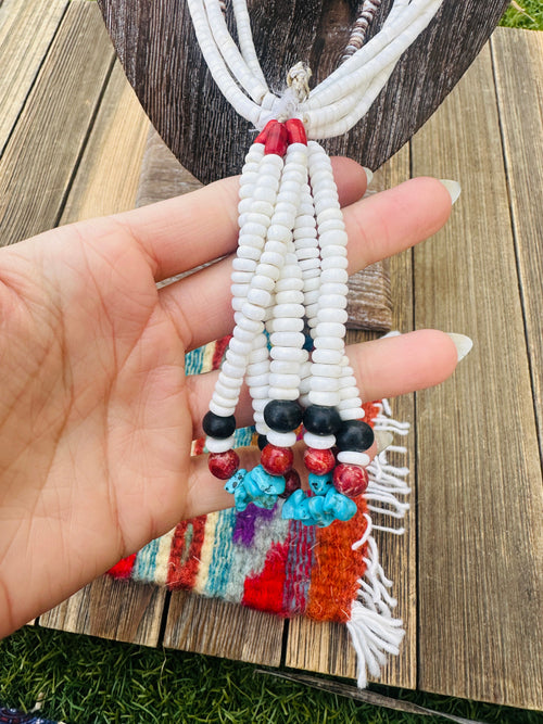 Old Pawn Handcrafted Heishi, Coral, Turquoise & Black Onyx Beaded 28” Jacla Necklace