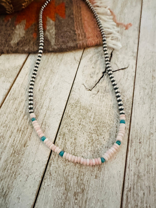 Navajo Sterling Silver Pearl, Queen Pink Conch & Turquoise Beaded Necklaces