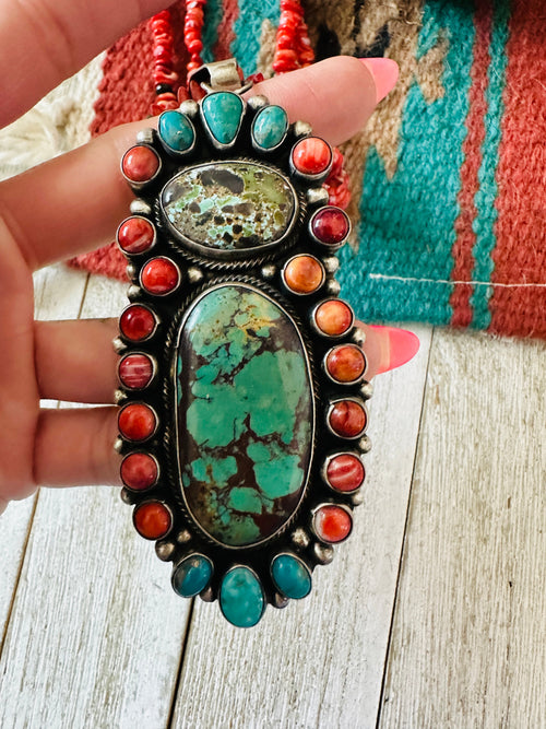 Handcrafted Sterling Silver, Spiny & Turquoise Cluster Beaded Necklace