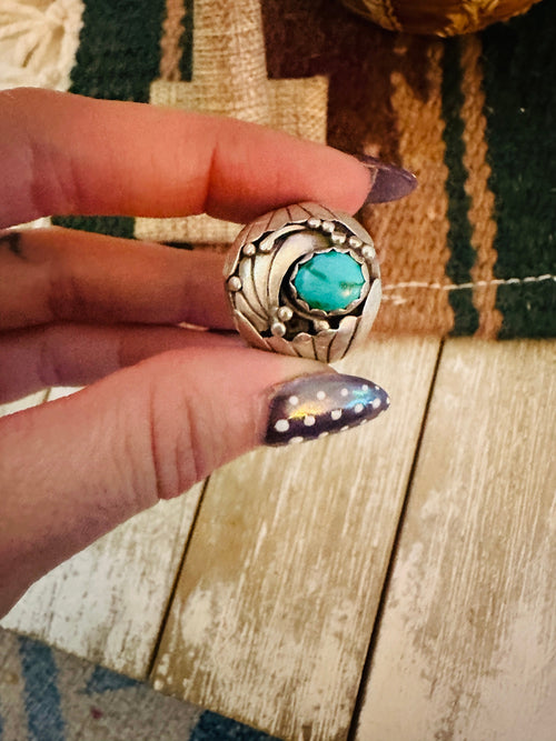 Old Pawn Handcrafted Turquoise, Coral & Sterling Silver Ring Size 5.5