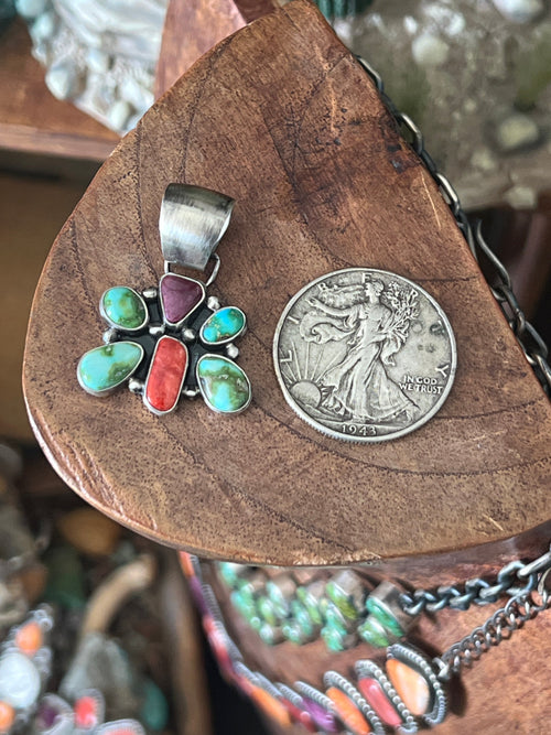 Handcrafted Electric Rainbow Turquoise and Spiny Oyster Mini Butterfly Pendant by Angela Martin