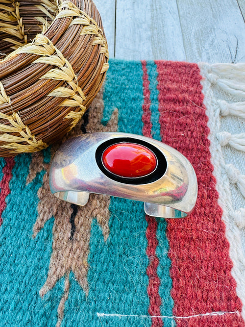 Handcrafted Old Pawn Sterling Silver and Coral Cuff Bracelet