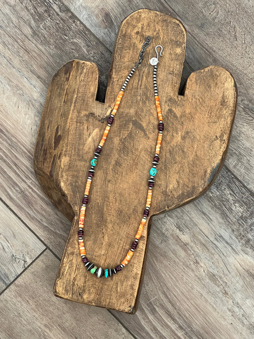 Navajo Made Electric Rainbow Sterling Silver, Turquoise and Spiny Oyster Single Strand Beaded Necklace by Rose Martin, 22 + 2 Inches