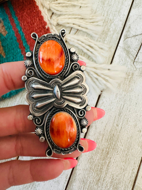 Handcrafted Orange Spiny Oyster & Sterling Silver Ring by Rosella Paxson, Size 9