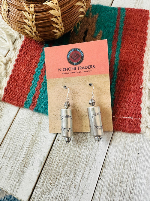 Navajo Hand Stamped Sterling Silver Pearl Dangle Earrings
