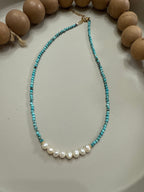 “The Golden Collection” Handmade Turquoise & Pearl Beaded Gold Plated Necklace