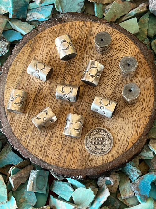 Handmade Stamped Sterling Silver Hexagon Cylinder Beads, The Hedgehog