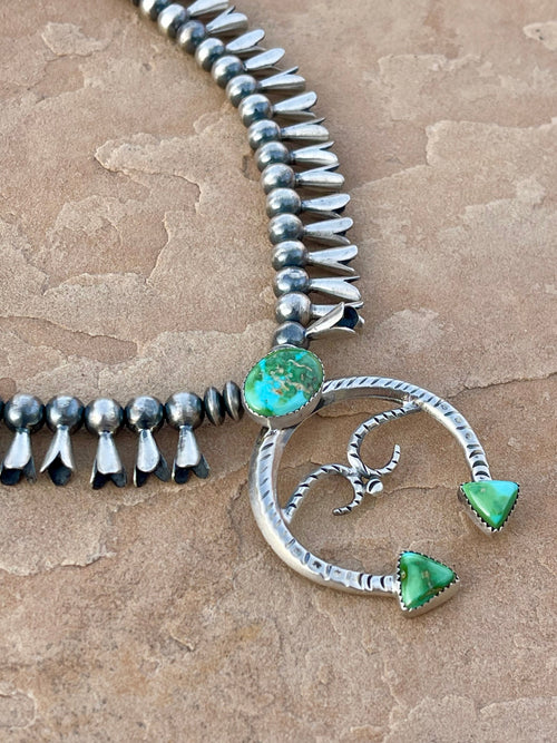 Beautiful Handmade Sterling Silver & Sonoran Mountain Turquoise Squash Blossom Necklace