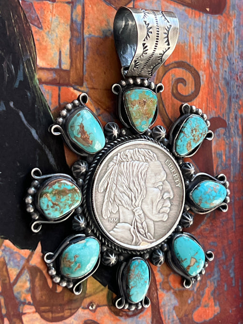 Rosella Paxson Natural Royston Turquoise and Fine Silver Indian Head Bullion Cluster Pendant