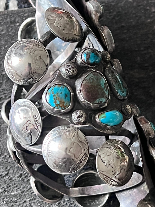 Insane Old Pawn Sterling Silver, Morgan Dollar, Buffalo Nickel and Turquoise Cuff Bracelet by Eric Drake