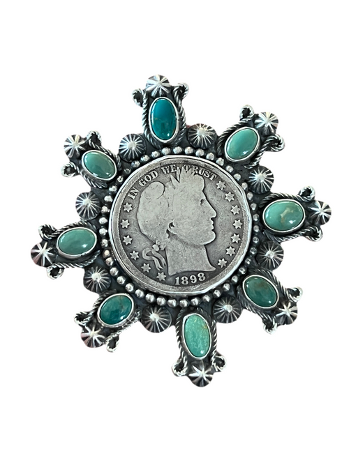 Rosella Paxson Hubei Turquoise and Barber Half Dollar Cluster Ring, Sz 6.5-7