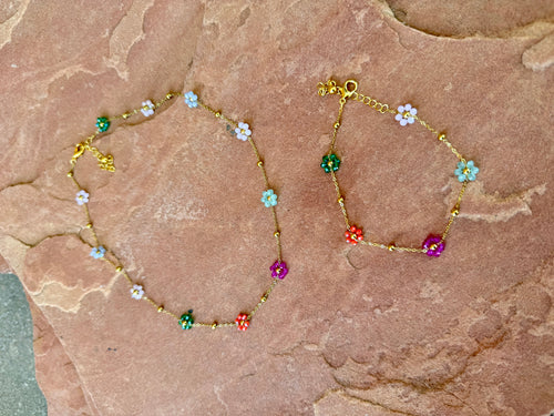 “The Golden Collection” Multi Color Beaded Gold Plated Flower Necklace