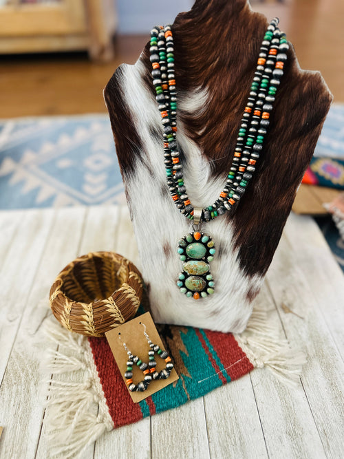 Handcrafted Vintage Old Pawn Turquoise, Spiny & Sterling Silver Beaded Necklace and Earring Set