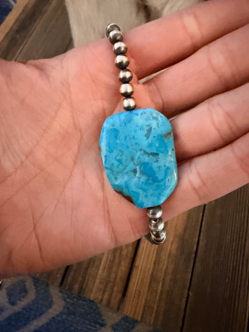 Handcrafted Kingman Turquoise & Sterling Silver Pearl 18” Beaded Necklace