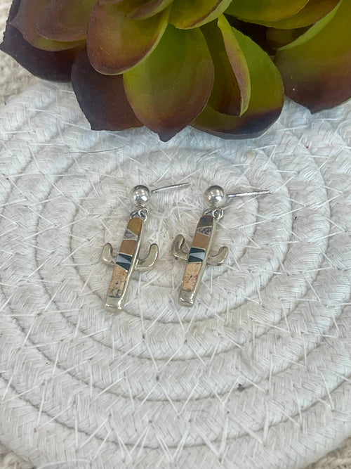 Old Pawn Sterling Silver & Multi Stone Cactus Post Dangle Earrings
