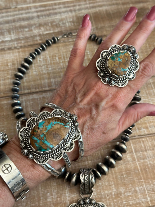 Charles Johnson Navajo Ribbon Turquoise & Sterling Silver Necklace, Bracelet and Ring Set Signed