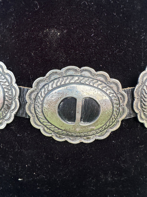Handcrafted Vintage Old Pawn Black Leather Sterling Silver Concho Belt