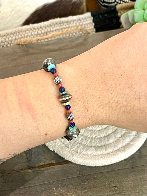 Handmade Sterling Silver Multi Stone Beaded Stretch Bracelet